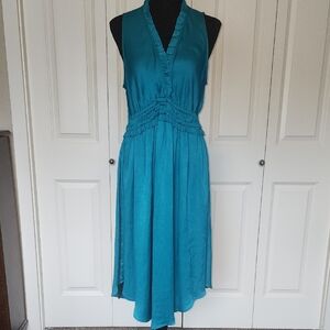 Maeve Teal Green V-Neck Ruffle-Trim Midi Dress